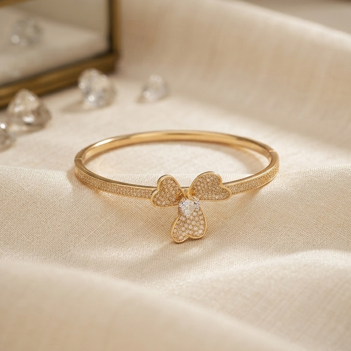 Golden Petal Clover Pave Stone Statement Bracelet