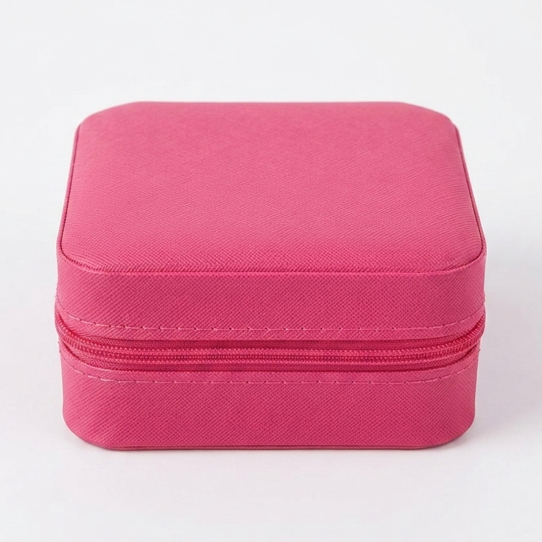 A pink jewelry organizer box with a cream interior, shown open on a tabletop. Inside and on the lid are several gold-tone jewelry pieces, including necklaces and rings, arranged in compartments.