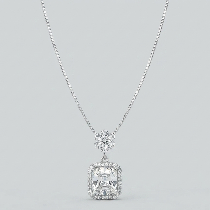 Classic Square-Cut Solitaire Pendant with Sparkling Floral Halo