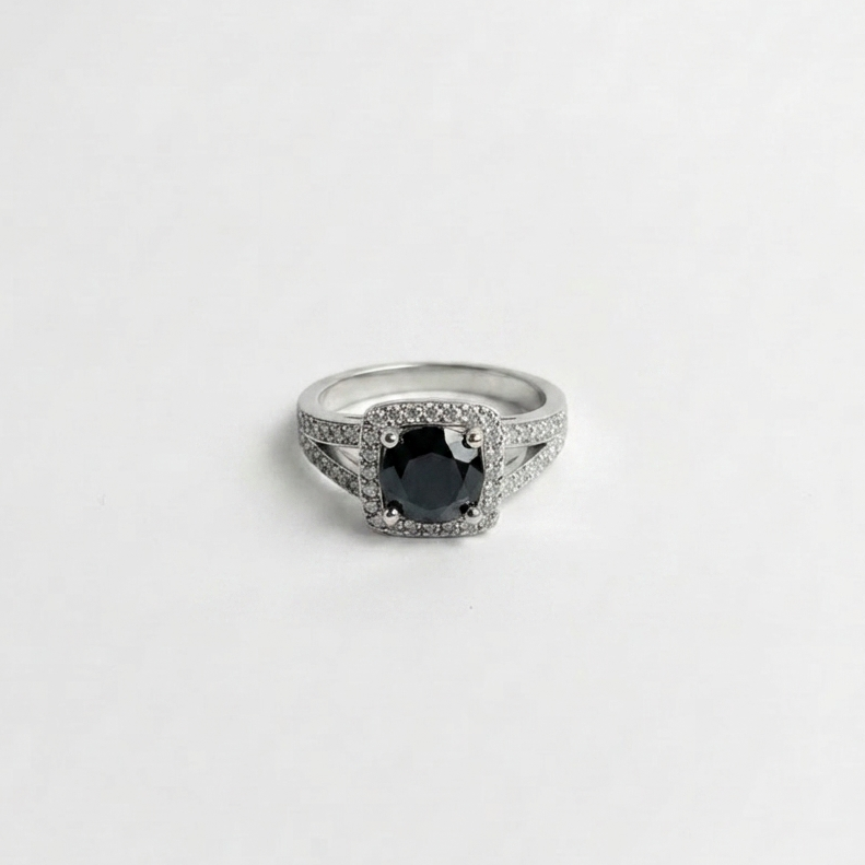 Elegant Midnight Black Stone Halo Ring