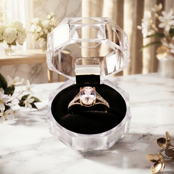 A clear faceted diamond-shaped ring box with an open black interior, holding a ring with a large pale pink stone and gold-toned band, set on a marble surface with soft floral decor in the background.