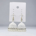 A pair of white crochet jhumka earrings with silver-tone hooks and dangling bead borders, displayed on a white card against a light gray background.