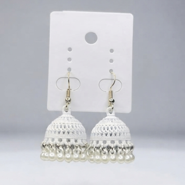 A pair of white crochet jhumka earrings with silver-tone hooks and dangling bead borders, displayed on a white card against a light gray background.