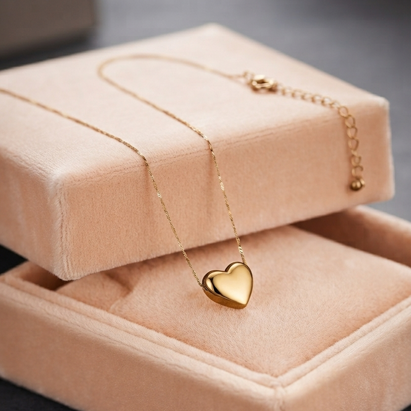 A gold heart pendant necklace resting on a beige velvet jewelry box, with the chain draped across the lid and the pendant hanging in the box.
