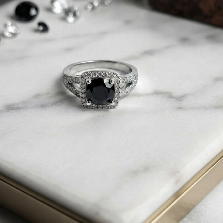 Elegant Midnight Black Stone Halo Ring