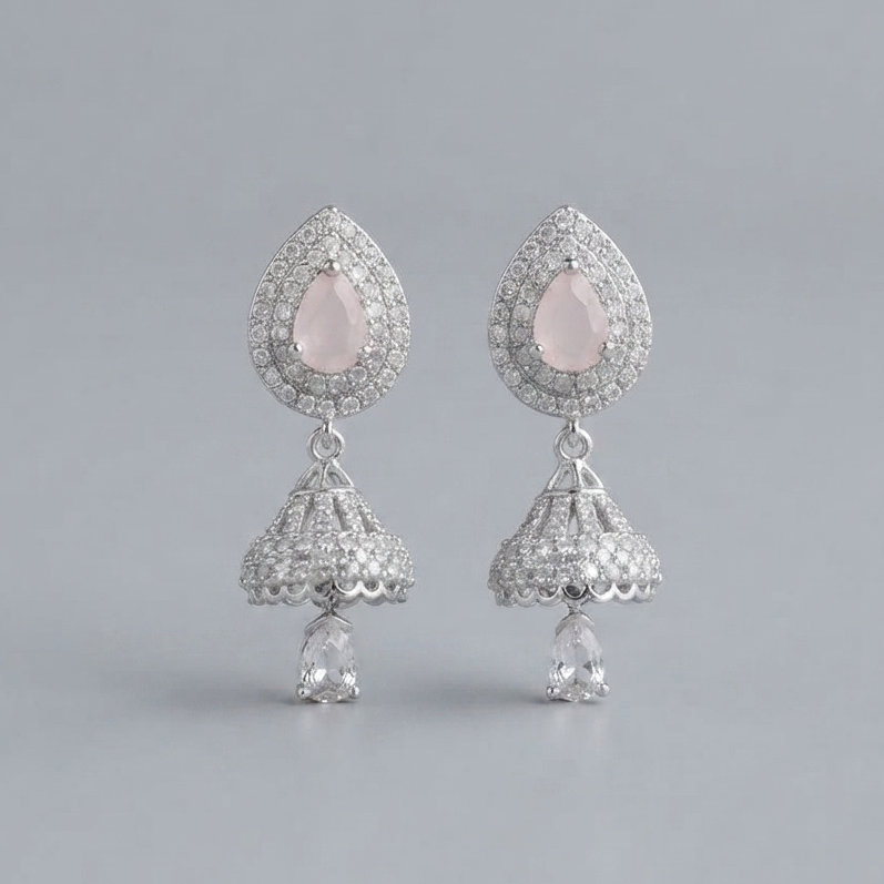 Elegant Silver-Tone Crystal Jhumka Earrings