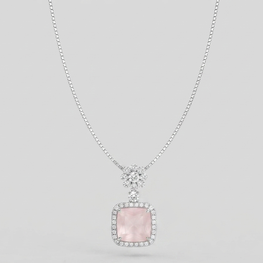 Soft Rose Square-Cut Pendant with Sparkling Floral Halo