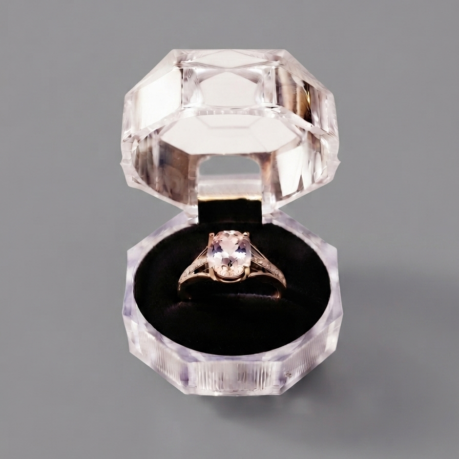 A clear faceted diamond-shaped ring box with an open black interior, holding a ring with a large pale pink stone and gold-toned band, set on a marble surface with soft floral decor in the background.