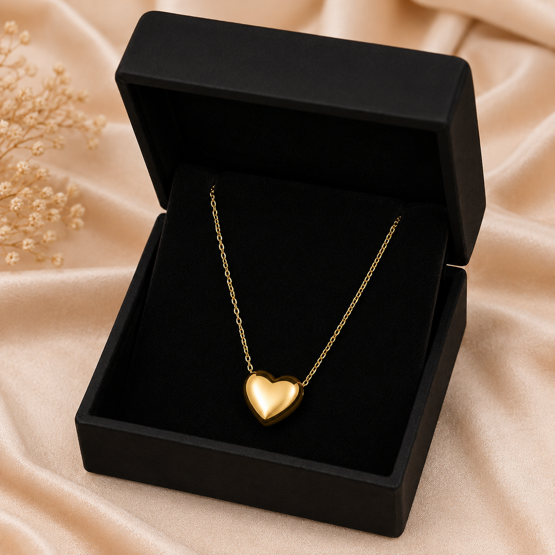 A gold heart pendant necklace resting on a beige velvet jewelry box, with the chain draped across the lid and the pendant hanging in the box.