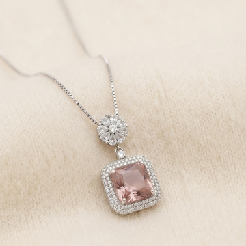 Blush Pink Cushion-Cut Halo Pendant with Floral Necklace
