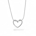 A silver open heart pendant necklace on a delicate silver snake chain, shown against a plain white background with a soft shadow below.