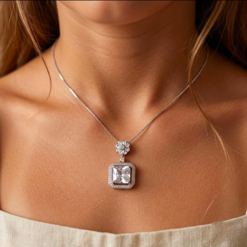 Classic Square-Cut Solitaire Pendant with Sparkling Floral Halo
