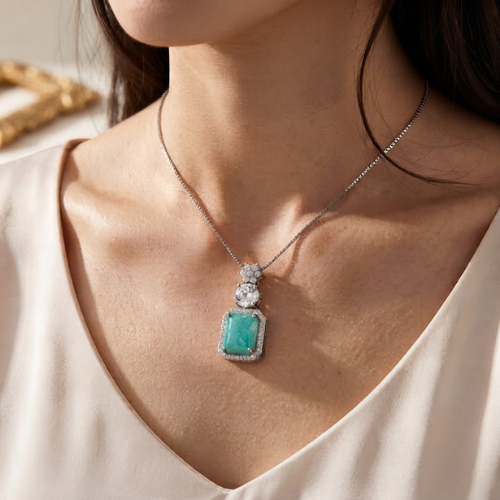 Ferozi Emerald-Cut Pendant with Sparkling Crystal Halo