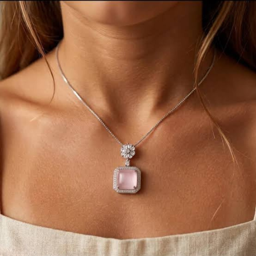 Soft Rose Square-Cut Pendant with Sparkling Floral Halo