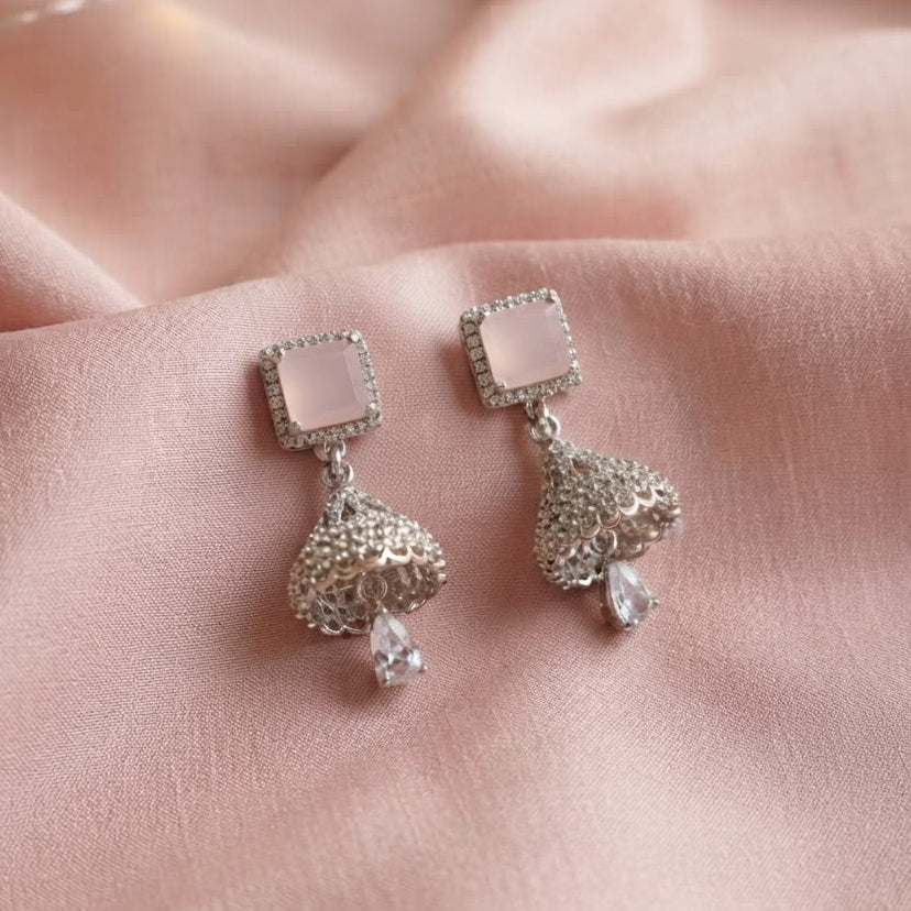 Elegant Silver-Tone Rose Quartz Earrings